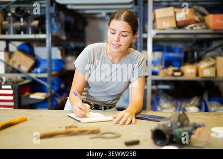 Store warehouse female worker makes notes in notebook, keeps track of goods Stock Photo