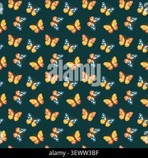 Colorful butterfly seamless pattern on dark teal background. Cartoon vector repeat print.  Stock Vector
