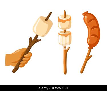 Campfire food skewers set. Cartoon vector isolated illustration on white background.  Stock Vector