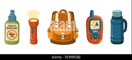 Camping equipment set. Cartoon vector isolated illustration on white background.  Stock Vector