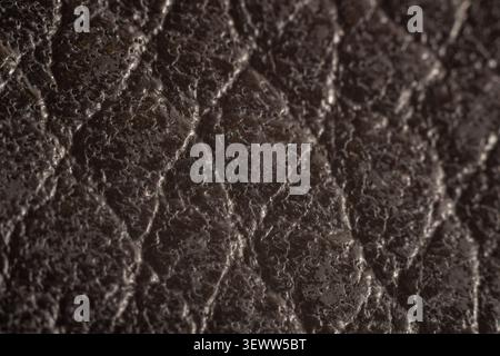 Dark leather surface with raised diamond stitching pattern. Texture shows natural creases and subtle sheen under soft light. Close-up reveals fine gra Stock Photo