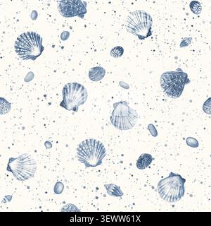 Delicate watercolor seamless pattern with hand-painted seashells and scattered pebbles in soft blue tones. Ideal for fabric, wallpaper, wrapping paper Stock Photo