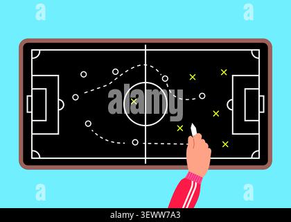 Flat vector illustration of football tactical planning featuring match strategy, team formation, coaching decisions, and game analysis. Stock Vector