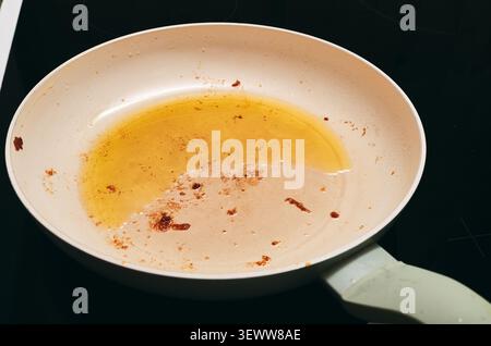 Close-up shot of a greasy ceramic pan containing leftover sunflower oil and burnt food leftovers on a modern black glass cooktop surface Stock Photo