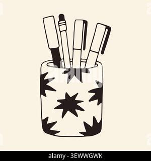 Minimalist pen holder cup with star patterns. Hand drawn line art illustration of an office desk organizer with pens and markers. Cute stationery Stock Vector