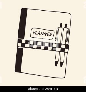 Hand drawn planner notebook with two pens. Minimalist line art doodle of a personal diary organizer with checkered band. Stationery element for Stock Vector