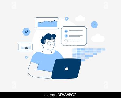 Performance tracking with task monitoring, productivity metrics and business analytics insights. Workflow management, performance dashboard and work p Stock Vector