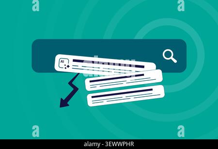 AI generated content with lower search rankings, reduced website visibility and organic traffic decline. SEO performance monitoring, search optimization analytics, audience reach vector illustration. Stock Vector