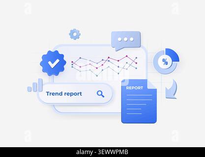 Trend report with market analysis, performance metrics and business insights tracking. Trend analysis, marketing analytics reporting and data driven decision making vector illustration. Stock Vector