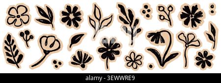 Flower brush leaf sticker set. Hand drawn flower brush leaf floral paint stroke sketch with paper scrapbook collage texture. Botanical spring daisy poppy leaves herb summer. Vector illustration Stock Vector