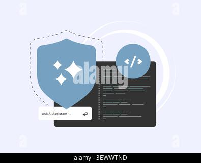 Secure AI coding with code generation, developer workflow and intelligent programming assistance. AI security, software development and secure coding practices vector illustration. Stock Vector