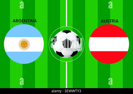 Argentina vs Austria football match concept vector illustration showing national flags of Argentina and Austria in circular frames on a green soccer. Stock Vector