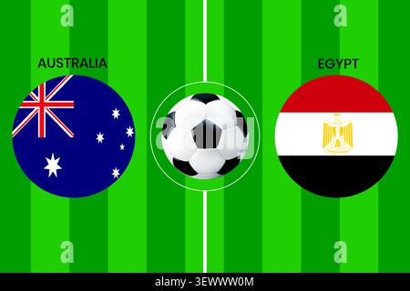 Australia vs Egypt football match concept vector illustration showing national flags of Australia and Egypt in circular frames on a green soccer pitch Stock Vector