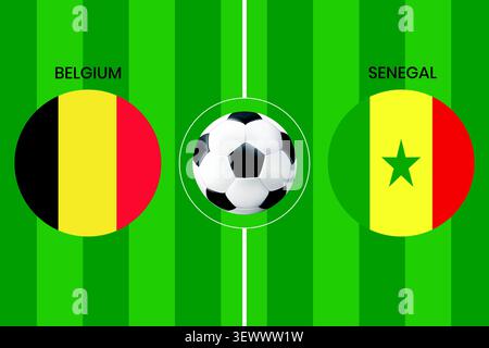 Belgium vs Senegal football match concept vector illustration showing national flags of Belgium and Senegal in circular frames on a green soccer pitch Stock Vector