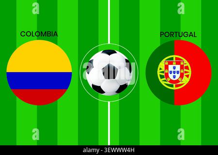 Colombia vs Portugal football match concept vector illustration showing national flags of Colombia and Portugal in circular frames on a green soccer. Stock Vector