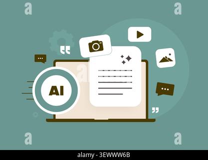 AI content generation with text, image and video creation for marketing, business and digital media. Generative AI workflow, content automation and creative productivity vector illustration. Stock Vector