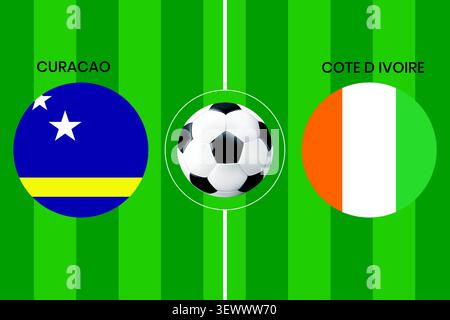 Curacao vs Cote d Ivoire football match concept vector illustration showing national flags of Curacao and Cote d Ivoire in circular frames on a green. Stock Vector