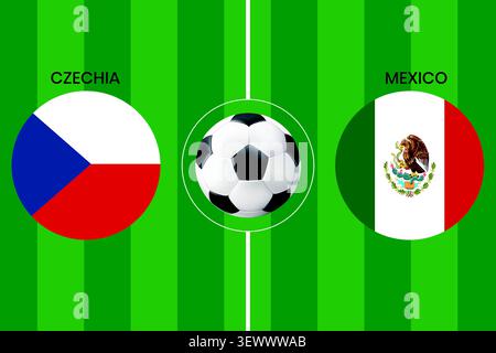 Czechia vs Mexico football match concept vector illustration showing national flags of Czechia and Mexico in circular frames on a green soccer pitch. Stock Vector