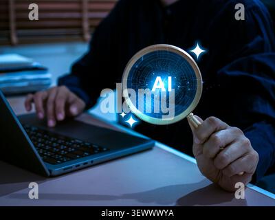 AI analysis and investigation concept with man using magnifying glass over digital artificial intelligence interface for smart search, cyber detection Stock Photo