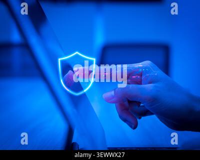 Identity security concept featuring biometric authentication and digital identity verification with secure access shield. Zero trust security, cyberse Stock Photo
