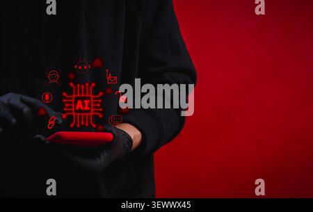 Artificial intelligence cybercrime concept featuring phishing attacks, identity theft, deepfake fraud, and voice scams on mobile device. Generative AI Stock Photo