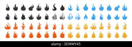 Crayon fire. Burning wax flame. Big set of pencil wildfire. Colorful vector collection Stock Vector
