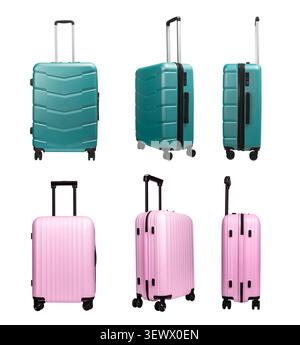 Green and pink travel bags set, suitcases on wheels, flight baggage, plastic luggage from different sides, isolated on white Stock Photo
