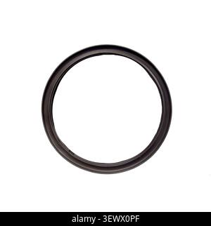 Round frame hangs on wall with empty blank center. Circular border design allows inserting image into clean template. Mock up concept reflects present Stock Photo