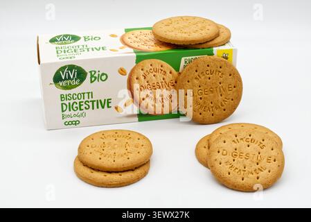 Coop organic digestive wheatmeal biscuits with cardboard packaging box isolated on white background. Stock Photo