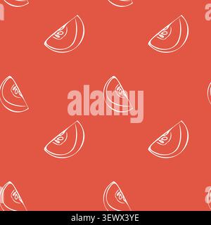 Sweet apple fruit seamless pattern. Simple sketch vector illustration on red background. Summer background with white outline apple slice. Stock Vector