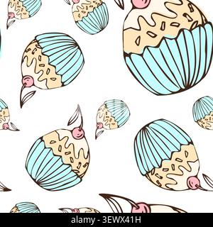 Doodle blue cupcake pattern with muffin and cherry with topping. Bakery sweet dessert pattern on white background. Vintage cupcake texture. Vector ske Stock Vector