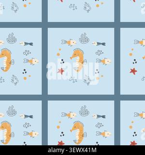 Cute seahorse on blue background seamless pattern in doodle style. Hand drawn vector illustration of sea creatures and plants, corals, underwater inha Stock Vector