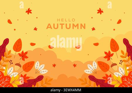 Hello Autumn Horizontal Banner with Falling Leaves Illustration Stock Vector
