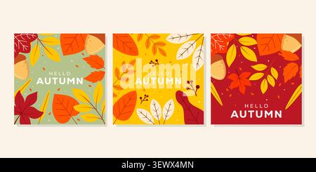 Hello Autumn Square Social Media Post Template Collection Stock Vector
