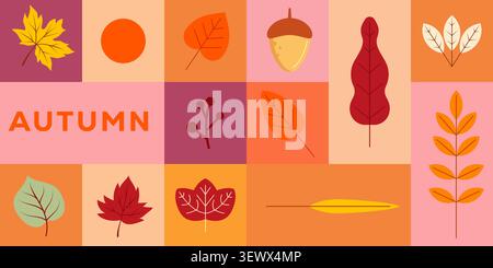Autumn Leaf Geometric Seamless Pattern and Grid Background Stock Vector