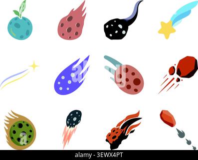 A colorful flat illustration set featuring various space rocks and celestial objects. Stock Vector