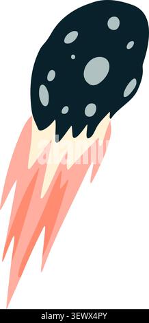 Flat illustration of a dark asteroid descending with a long bright flame trail Stock Vector