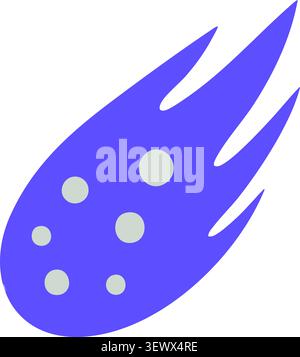 Flat illustration of a purple comet with pale crater spots and sharp trailing flames Stock Vector