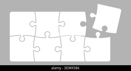 Blank jigsaw puzzle template with six pieces and one loose piece minimal white outline design in rectangle format for game interface infographic Stock Vector
