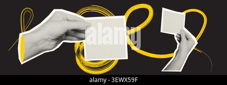Female hands in various gestures rendered in halftone grain style arranged as collage with paper cut elements retro newspaper textures and doodle Stock Vector