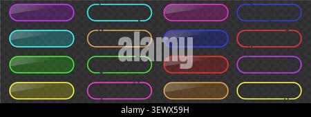 Neon glowing frame with rounded rectangle shape. Led light banner for web design, UI buttons, game menus and futuristic digital interfaces. Stock Vector