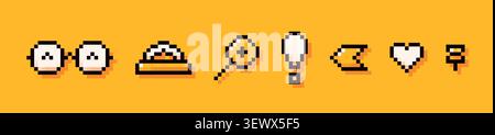 Back to School pixel art yellow elements. Protractor, glasses, a magnifying glass, an exclamation mark, an arrow, a heart, and a pushpin. Stock Vector