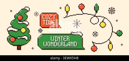 Pixel art Cozy time and winter wonderland speech bubbles. Christmas tree, garland and snowflakes. Stock Vector