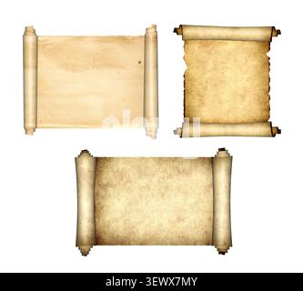 Set of weathered old parchment with rolled edges. Aged medieval paper sheet with curled edges. Unique, vintage look, adding a touch of history to proj Stock Photo