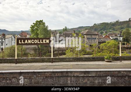 08 May 2026. Llangollen, Denbighshire, Wales.A large Llangollen sign stands on a the railway platform the preserved station Stock Photo
