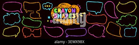 Collection with color crayon text boxes. Hand drawn Irregular speech bubbles. Stock Vector