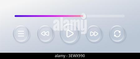 Glass play 3d with button music liquid and effect player ui. Bar frosted rectangle with box app pause and web transparent icon. Frame element glass Stock Vector