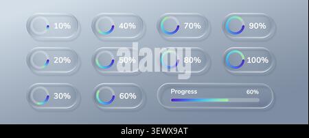 Glass load icon with button bar ui and chart progress percent. Box liquid circle with interface glass loading and pie pixel slider. Design text glass Stock Vector