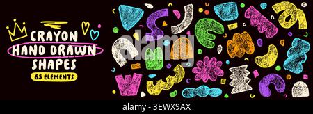 Pack with kid crayon color abstract elements. Different hand drawn child shape with chalk grunge texture. Stock Vector