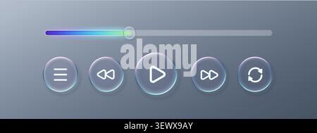 Player button play and music glass 3d with video liquid effect. Ui bar frosted and player box app with pause web button. Icon player element and text Stock Vector